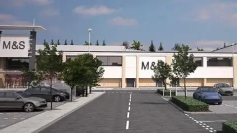 CGI of an expanded M&S at Brotherhood Shopping Park. It is a two storey rectangular building in a car park. It sits between the current M&S and a shop called Tapi. 

