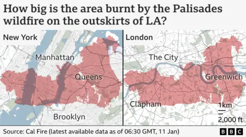 A map titled "How big is the area burnt by the Palisades wildfires on the outskirts of LA?" The graphic shows an outline of the shape and size of the fire superimposed on maps of New York City and London - showing that the fire would cover a significant area of both city centres. 
