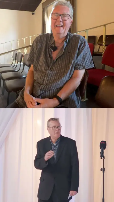 Man on the bottom on stage on the microphone and the same man laughing on the top of the image. 