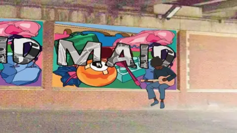 Shauna Anseo An artist's impression of a planned street mural underneath a bridge. The mural is bright, filling a large bricked space on a wall. The letters MAID - the first four of Maidenhead, are displayed above an image of a young man playing the ukelele.