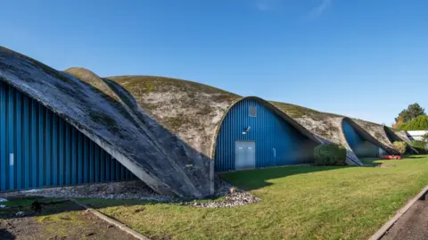 Historic England Archive A side view of the concrete shells, with blue corrugated metal in each arch. The concrete is grey and patched with black and yellow lichen. There is grass in the foreground.