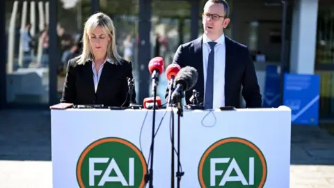 Getty Images FAI interim main executive David Courell and FAI group & civilization head Aoife Rafferty during an FAI media briefing held astatine nan FAI Headquarters successful Abbotstown, Dublin