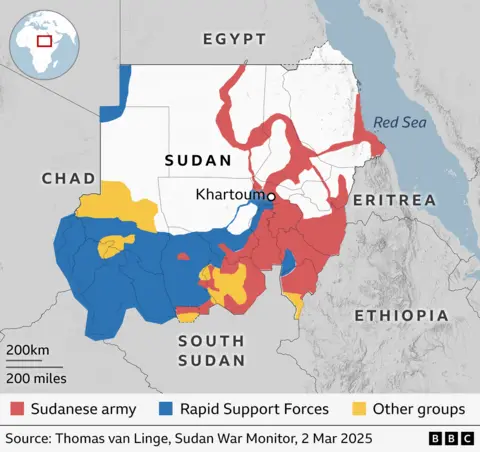 A map of Sudan shows which areas control the army, RSF and other groups