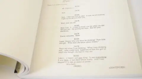 Clevedon Salerooms An open page of the film script showing the scene where Rose meets Jack on Titanic's first class deck to thank him for saving her life the previous night. 