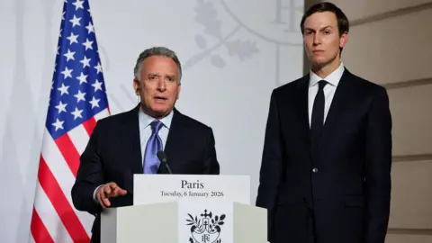 Reuters US Special Envoy Steve Witkoff speaks as US businessman Jared Kushner looks on during a press conference. 