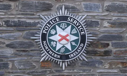 Badge for the Police Service of Northern Ireland displayed on a grey brick all. The crest is black and green with a silver shards coming out of the perimeter. It displays logos including scales, a harp, a torch, a shamrock and a crown.