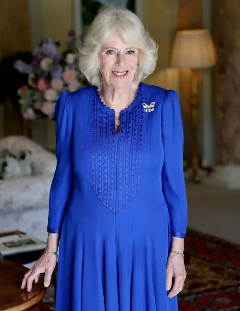 Chris Jackson/Getty Images for Buckingham Palace A picture of Queen Camilla in a blue dress