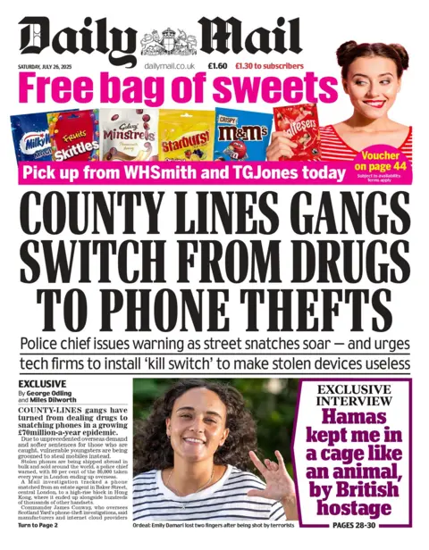 The front Page of the Daily Mail, which has a photograph of a woman wearing a striped shirt, who was taken hostage by Hamas. The headline is "County Lines Gangs Switch From Drugs to Phone Thefts". 