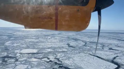 Eloise Alanna/BBC View of the frozen Hudson Bay from a Canadian Military Twin Otter, a six seat small plane, going from Churchill, Manitoba to Arviat, Nunavut.