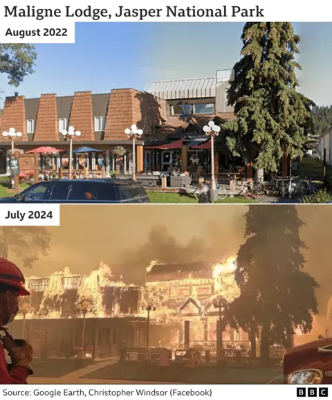 Graphic showing two images of Maligne Lodge, Jasper. The first image is from August 2022 when the lodge was operating normally and the second image is from July 2024 when the lodge was engulfed in flames