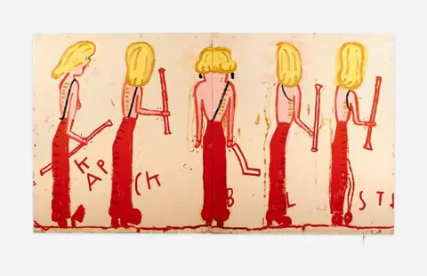 Rose Wylie Painting shows back of five figures of Nicole Kidman in motion in backless red dresses with blonde hair 