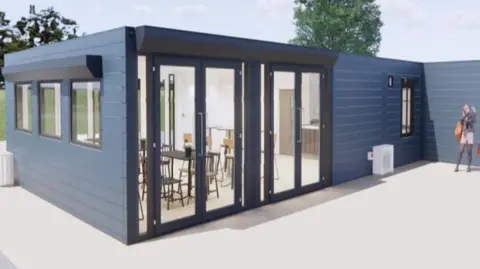 A digitally created image of a dark blue building. It has large glass doors on the front with windows down the side. It is a single story building, two trees are in the background and a person appears on the right of the image.