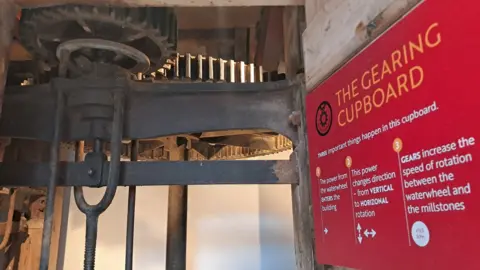John O'Groats Mill Trust Metal interlocking cogs and wheels and a red sign explaining the process of using flowing water to power the millstones