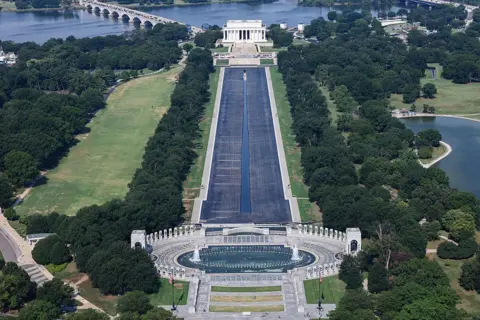 Getty Images An aerial image of the Reflecting Pool shows it almost entirely drained, with the Lincoln Memorial in the background of the image