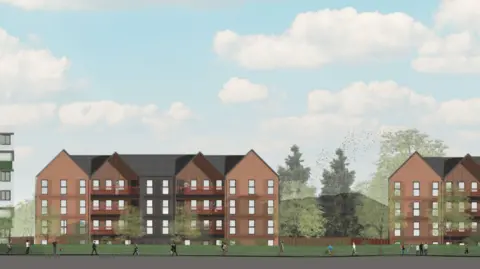 BM3/City of Wolverhampton Council Two brown four-storey buildings, with people walking or standing in front of them near grass and a walkway. Trees are in the background.