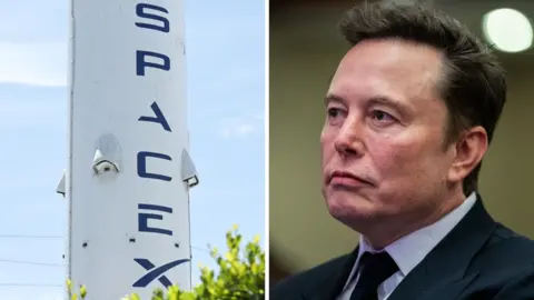 Split screen. Left, SpaceX. Right, Elon Musk.