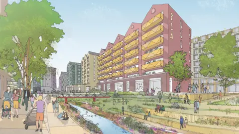 Birmingham City Council Artist's impression of how Birmingham could look - a block of flats set behind the Rea river, green space and a pedestrian route