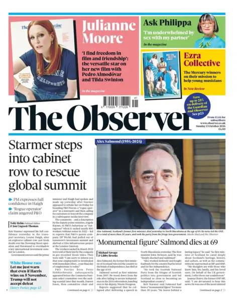 The front page of the Observer, which features a picture of Alex Salmond and a headline that reads: 