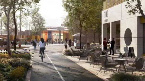 A mock-up of what the station quarter could look like at street level. There are chairs and tables for a cafe, and people walking and cycling.