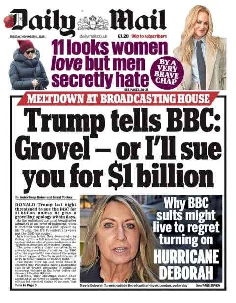 c569b990-be8a-11f0-ae46-bd64331f0fd4.jpg 'Trump to sue BBC for $1bn' and 'Reeves to ditch two-child benefit cap'