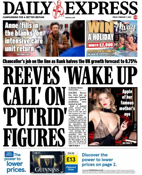 Halaman depan Daily Express dengan headline reeves 'bangun panggilan' pada angka 'putrid'