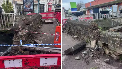 Lydney Town Council A composite image showing two separate angles of the damaged bridge. On the left it shows white and blue police tape cornering off the dangerous area where bricks are crumbling into the river below. On the right the image shows the low bridge which has been driven into and bricks are scattered across the pavement.