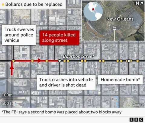 A map showing a timeline of the New Orleans attack on New Years Day