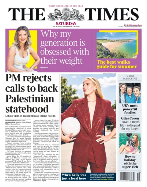 The Times front page has the headline "PM rejects calls to back Palestinian statehood", with a large photograph beside it of footballer Chloe Kelly in a red suit and holding a soccer ball. 
