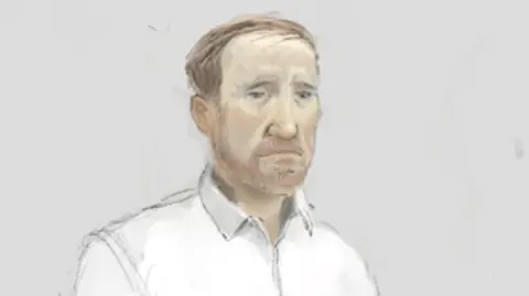 Nick Lewis Sketch of the two defendants. Graham on the left has a white shirt, short fair hair and a ginger beard, Carruthers on the right has short fair hair, is clean shaven and wearing a black suit jacket and tie with a white shirt