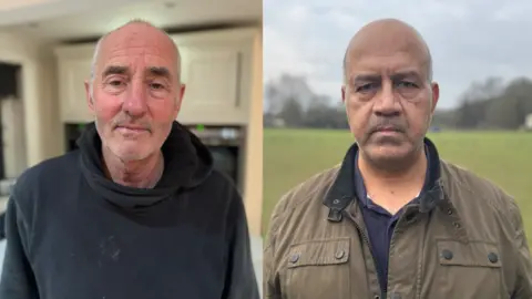 Josie Hannett/BBC Split screen image of Shaun and Raghu standing up 