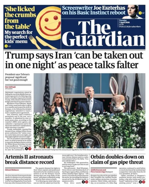 The headline on the front page of the Guardian reads: “Trump says Iran 'can be taken out in one night' as peace talks falter”.