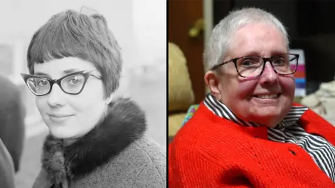 BBC/Getty Images A composite image showing Mair Morganin 1966 or 1967 and her now. The older image is black and white, with Mair wearing a fur-necked overcoat and horn-rimmed spectacles. Her hair is dark and cropped short, but longer than the modern image. In the modern image Mair is smiling at the camera and wearing a red cardigan and a navy and white striped blouse, with tortoiseshell glasses and short gray-white hair. 