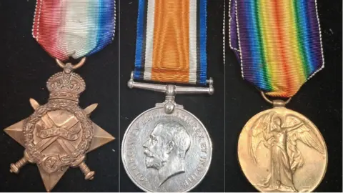 A collage of World War One 1914-15 Star, British War Medal and World War 1 Victory Medal against a black background.