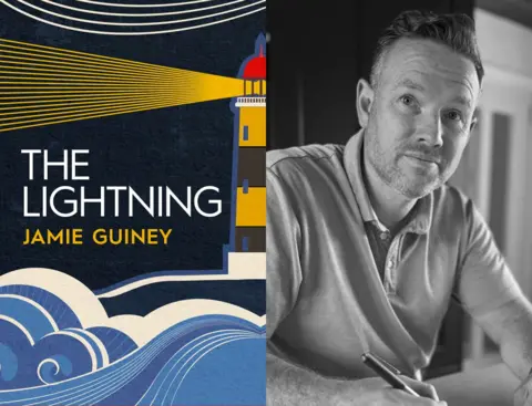 Bluemoose Books The Lightning book cover (a blue and yellow lighthouse shining to the left with blue and white waves in the foreground) next to an image of Jamie Guiney looking slightly off camera. He has short hair and wearing a light coloured t-shirt.