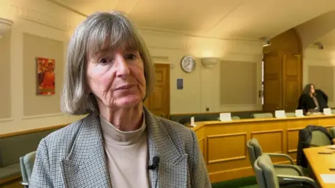 BBC A woman stands inside a council chamber with a serious look on her face. She has grey hair and is wearing a check jacket. A large wooden bench surrounded by green chairs is visible in the background. The walls and ceiling are white with beige panels and a painting.