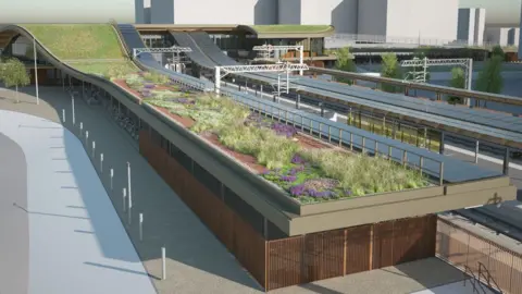 Network Rail An artist's aerial impression of the finished station building. It shows its roof covered in planting, green purple foliage and grasses.