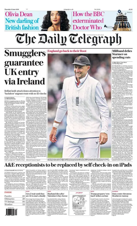The headline on the front page of the Daily Telegraph reads: "Smugglers guarantee UK entry via Ireland."