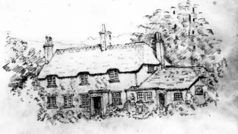 National Trust Black and white drawing of cottage and single storey outbuilding attached it has multiple chimneys and stands in a garden with woodland behind.