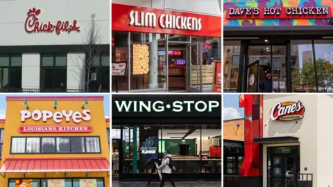 BBC Composite picture showing six fried chicken shop fronts 