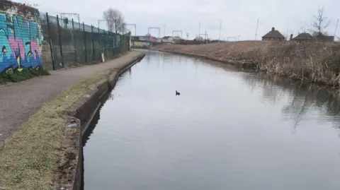 A stretch of canal with a moorhen swimming on the surface. To the right there is a bank with reeds on it and on the left there is a towpath, with a grass patch on it, and graffiti can be seen on a wall to the left of it.