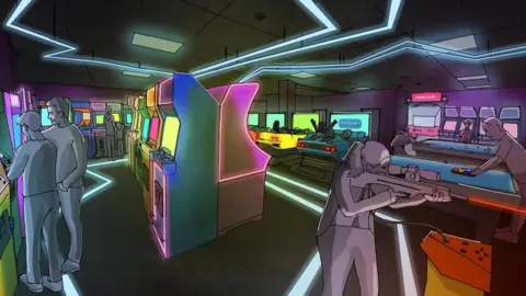 Continue Arcades An artist's impression of arcade machines