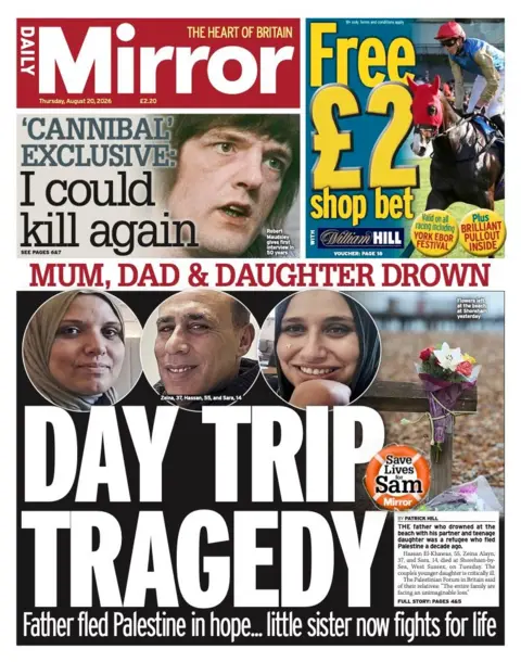 The headline on the front page of the Daily Mirror reads: "Day trip tragedy."
