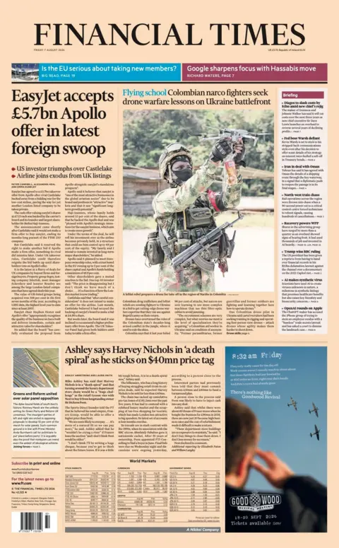 "Easyjet accepts £5.7bn Apollo foreign swoop" reads the headline on the front page of the Financial Times.