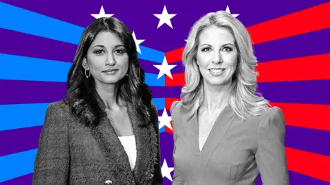 BBC News Caitríona Perry and Sumi Somaskanda against a blue, red, purple and white background featuring stars and stripes