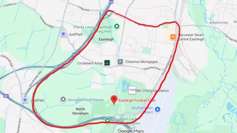 A screenshot of Google Maps with a red circle around Eastleigh football club 