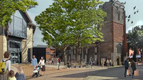 An artist's impression of the proposed Arras Square development. The photo shows generated images of people in the foreground and a paved pedestrian area with trees and a church to the right of the picture.