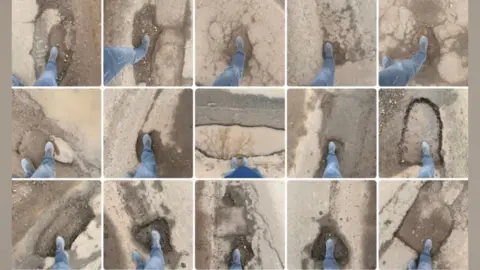 A compilation of thumbnail images of potholes. To show their depth a man has photographed his foot in each of them. He is wearing blue jeans and blue shoes.