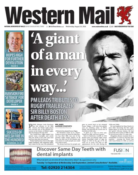 Western Mail Main headline: 'A giant of a man in every way'. New to image of Sir Billy Boston in his rugby league kit.