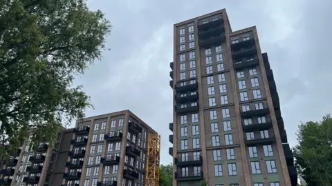 A tall, brown block of flats is pictured with windows on every storey. Neighbouring it are the same flats in blocks which are smaller.