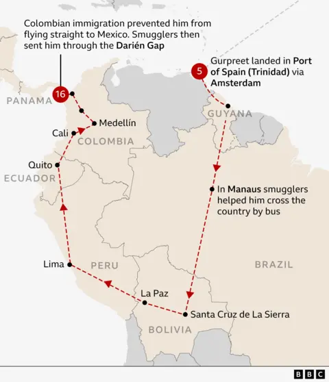 A map showing the Jorbert trip from his arrival at Trinidad and Tobago from Amsterdam, to Guaana and then south to Manus in Brazil, where the smugglers helped him to travel south to Bolivia. Then he traveled north along the western side of South America, via Peru, Ecuador and to Colombia. But immigration officials prevented him from flying to Mexico, so he was forced to travel on foot through the Dary's gap.